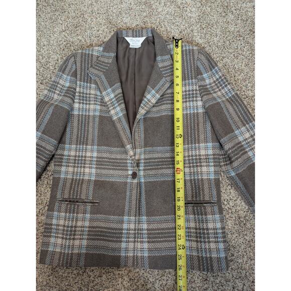 Vintage Tan Jay Women's Blazer Jacket Size 12 Gray Blue Plaid Wool Blend Lined - Picture 5 of 8